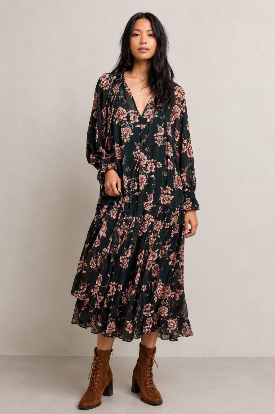 Free People Feeling Groovy. Maxi Dress Floral Forest Pink Bohọ Long Sleeve NWT